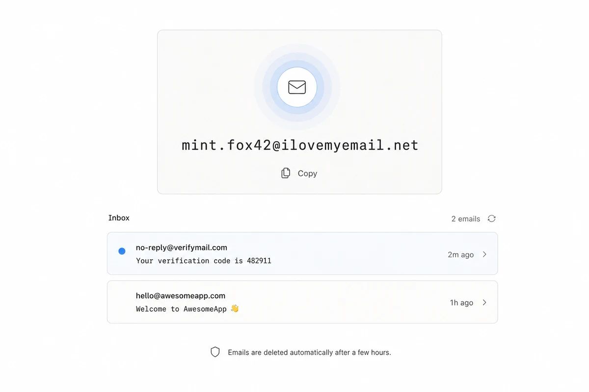 Temporary inbox receiving a verification email in seconds
