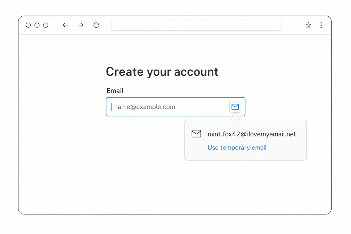 Extension suggestion panel offering a disposable email address in a signup form